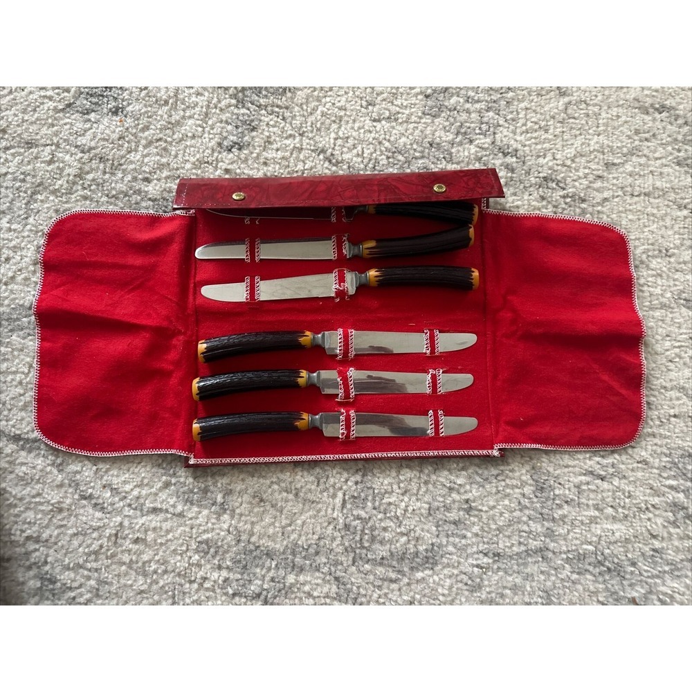 The BURNS Mfg. Co. 6 Steak Knife‎ Set in Leatherette Case & Faux Stag Handles
